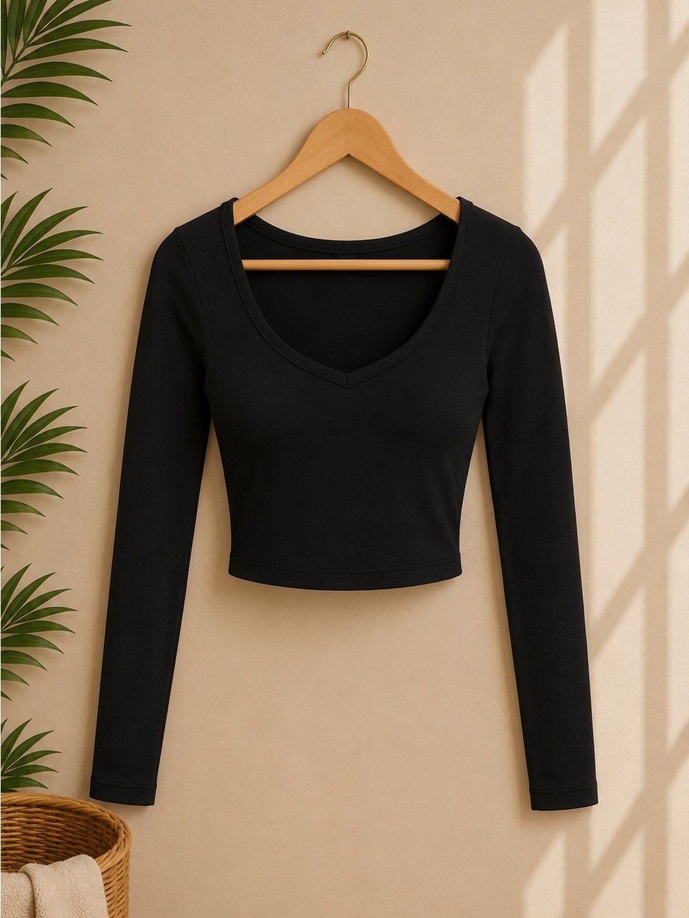 Black Scoop Neck Long Sleeve Crop Top - Women